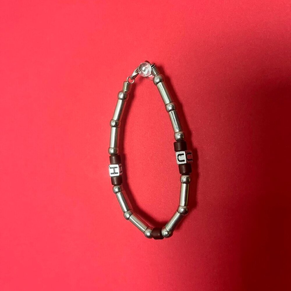 Handmade silver and wood beaded bracelet with initials 🤎🩶​​​​​​